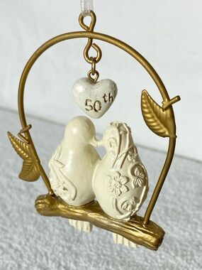 Vintage 50th Wedding Anniversary Christmas Ornament Gold Arch Love Birds Tree